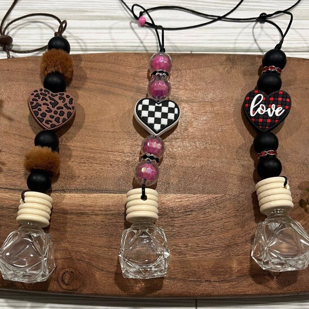 Handmade Pink Bead Heart Pendant Car Diffuser Necklace